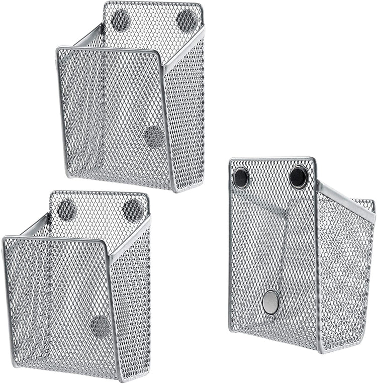 Set of 3, Silver Wire Mesh Magnetic Storage Baskets, Office Supply Organizers-MyGift