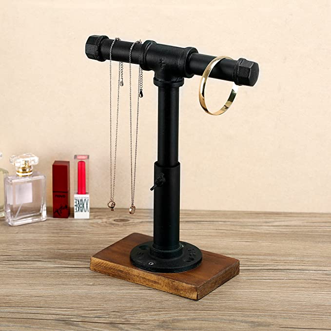 Industrial Black Metal Pipe T-Bar Jewelry Display Stand, Adjustable Height Rack with Brown Wood Base-MyGift