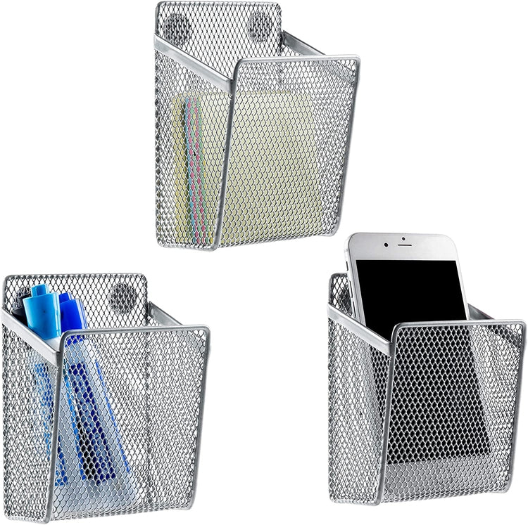 Set of 3, Silver Wire Mesh Magnetic Storage Baskets, Office Supply Organizers-MyGift