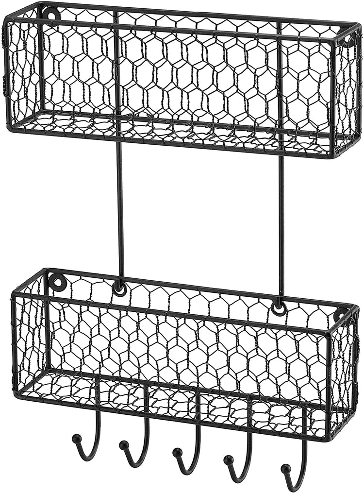 2 Tier Wall Mounted Black Metal Chicken Wire Hanging Baskets with 5 Key Hooks-MyGift