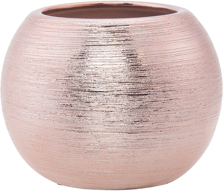 7-Inch Round Rose Gold-Tone Metallic Ceramic Flower Pot, Decorative Bowl Vase-MyGift