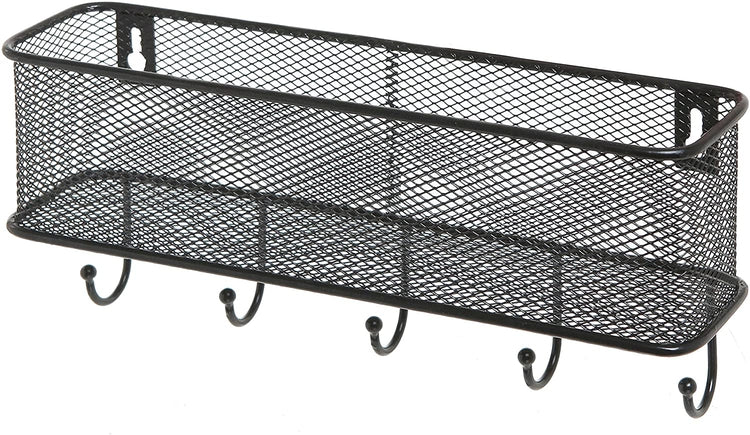 5 Key Hook Modern Black Wall Mounted with Metal Wire Mesh Mail Basket-MyGift