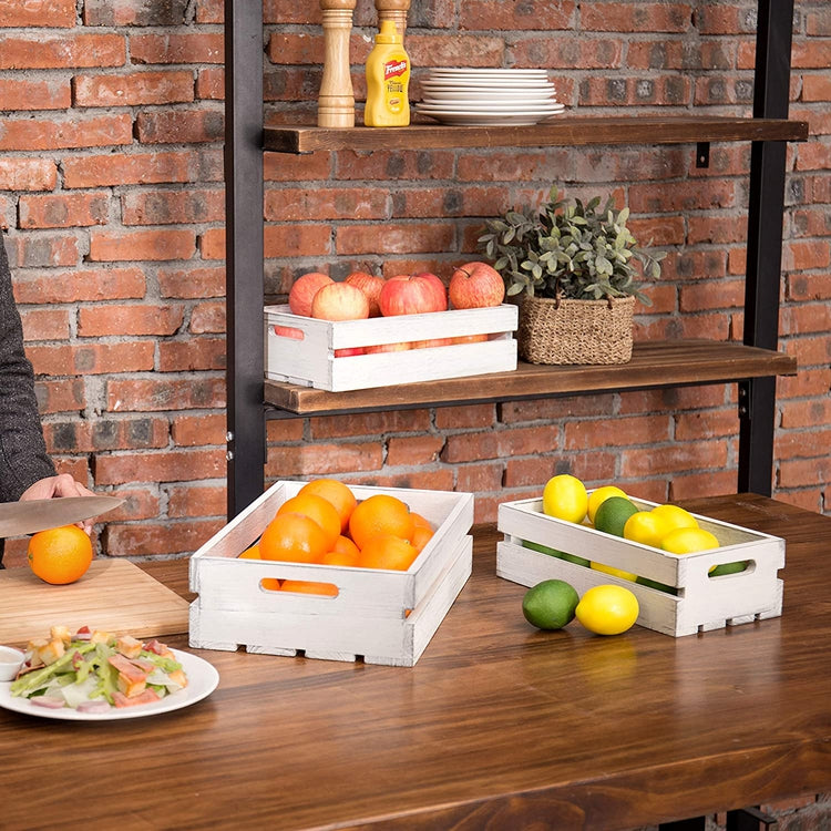 Set of 3 Vintage Whitewashed Wood 16 x 10 Inch Nesting Storage Crates with Handles-MyGift