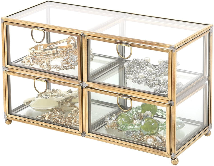 Vintage Clear Glass & Brass Metal 4 Drawer Display Box, Dresser Top Jewelry Storage Organizer-MyGift