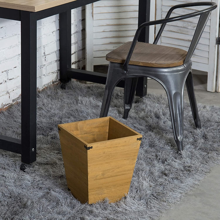 Brown Wood Waste Bin, Small Trash Can with Decorative Metal Brackets-MyGift