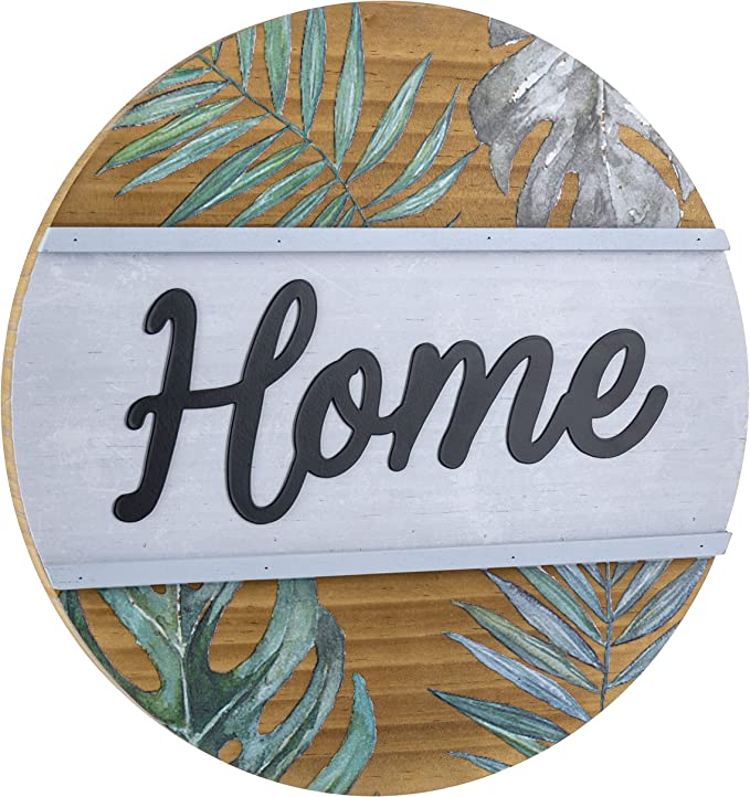 Shabby Chic Round Wooden Wall Hanging HOME Sign with Palm Leaf and Fern Design-MyGift