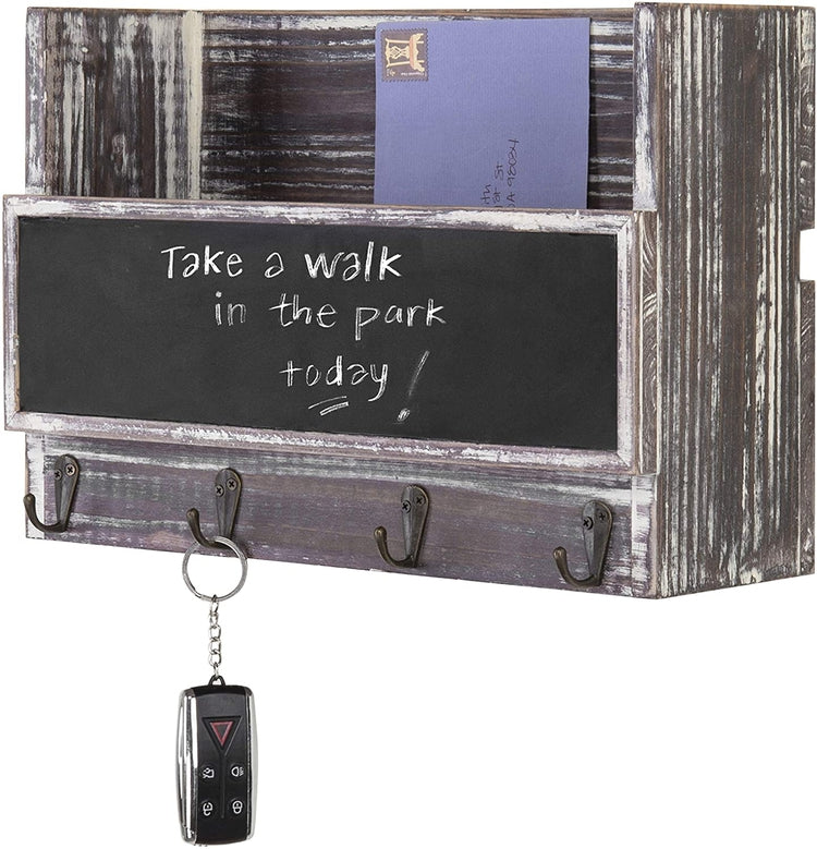 Torched Wood Mail Holder Office Organizer with 4 Key Hooks & Wall Mounted Chalkboard-MyGift
