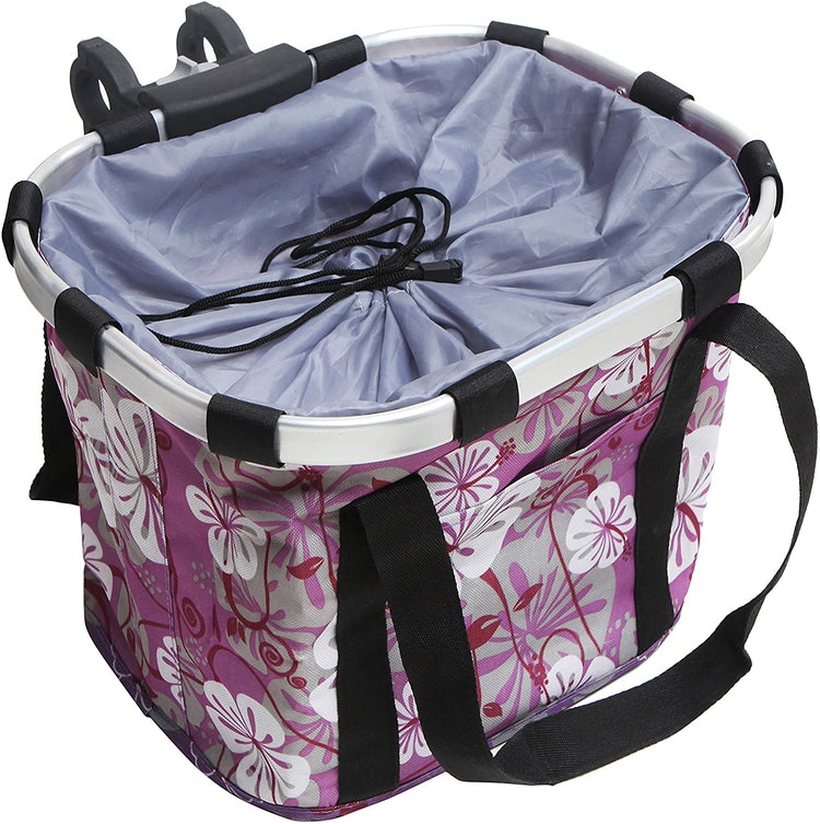Multi Purpose Purple Floral Bicycle Basket Carrier with Drawstring Closure and Top Handles-MyGift