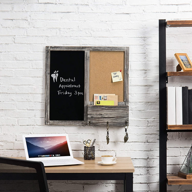 Torched Wood Chalkboard and Corkboard Wall Mounted Message Board with