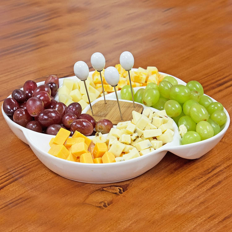 Decorative White Ceramic Appetizer Serving Platter Tray with Food Picks and Wood Holder-MyGift