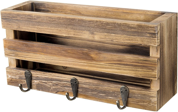 Rustic Brown Wood Pallet-Style Mail Sorter Rack w/ Key Hooks-MyGift