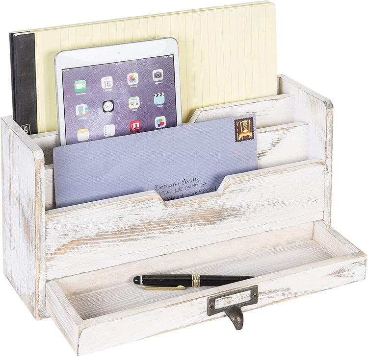 3 Tier Whitewashed Wood Office Desk Organizer, Mail Sorter with Pull-Out Drawer-MyGift