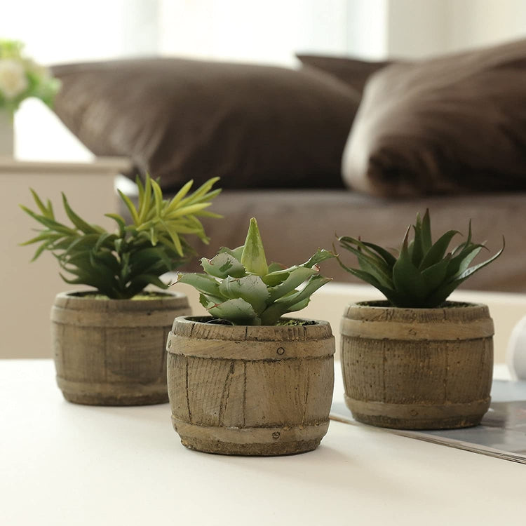 Set of 3 Brown Assorted Mini Artificial Succulents Plants in Rustic Wood Barrel Design Pots-MyGift