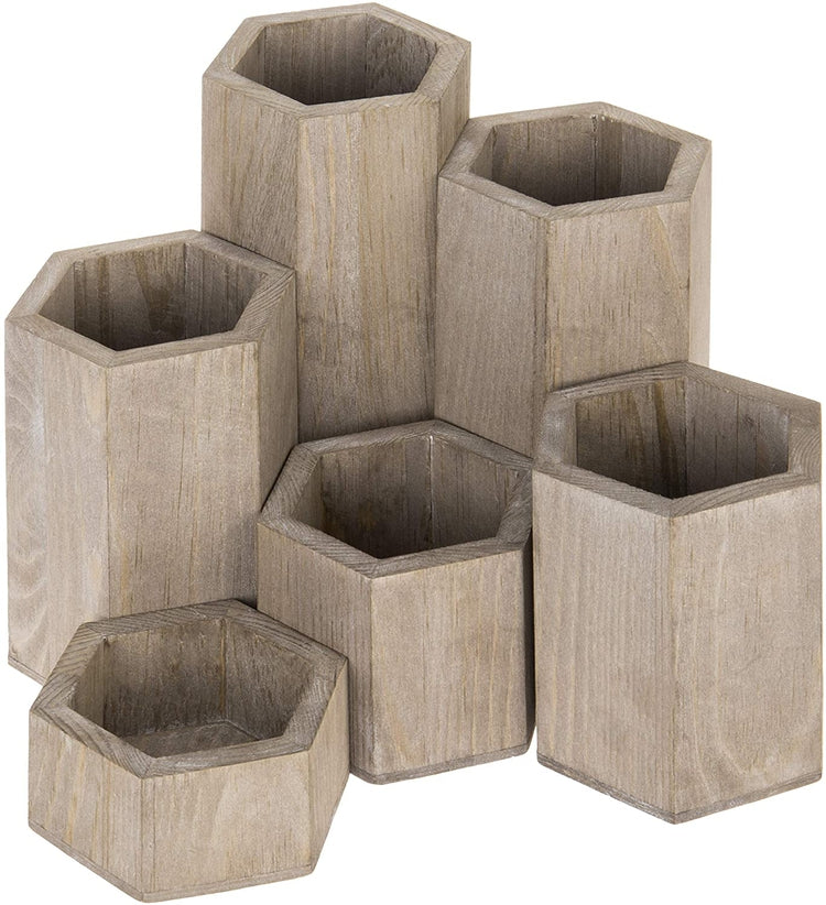 Set of 6, Brown Wood Hexagonal Jewelry Display Stand Riser-MyGift