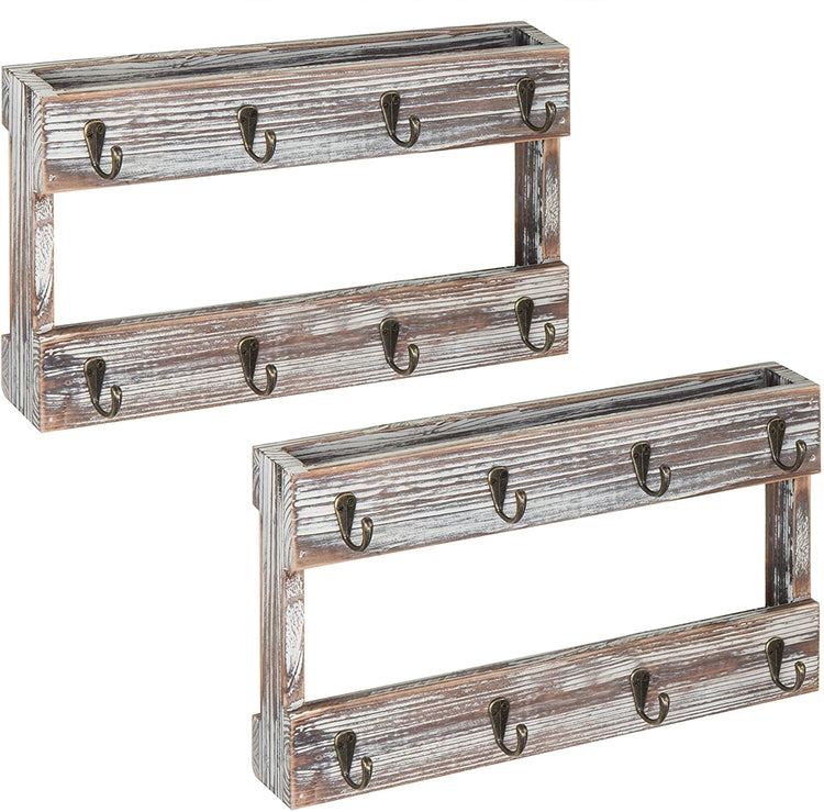 Set of 2 Wall Mounted Torched Wood Finish Coffee Mug Hanging Racks with 8 Hooks-MyGift