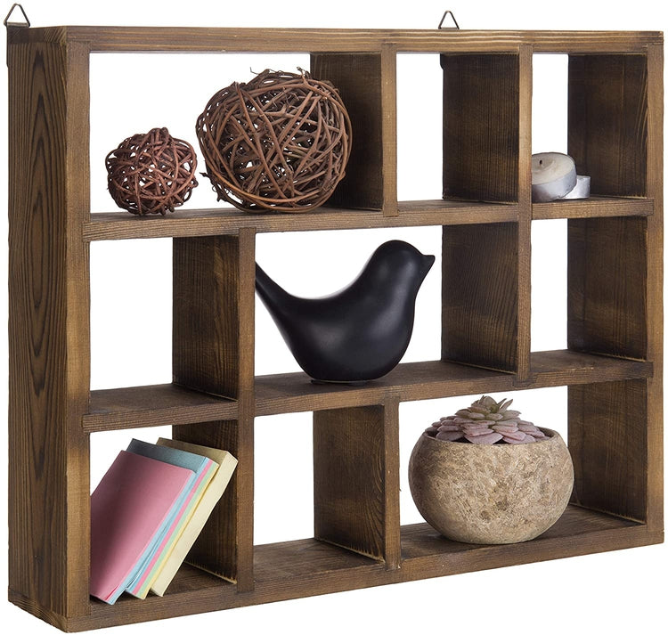 Brown 9-Compartment Wood Freestanding Shadow Box, Wall Mountable Shelf-MyGift