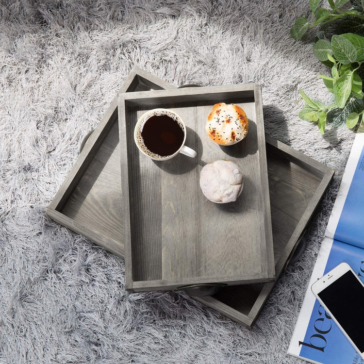 Vintage Gray Wood Trays with Antique Metal Corners and Handles, Set of ...