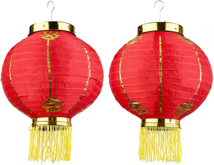Set of 2 Decorative Red Silk Fabric Hanging Lantern Lamps-MyGift