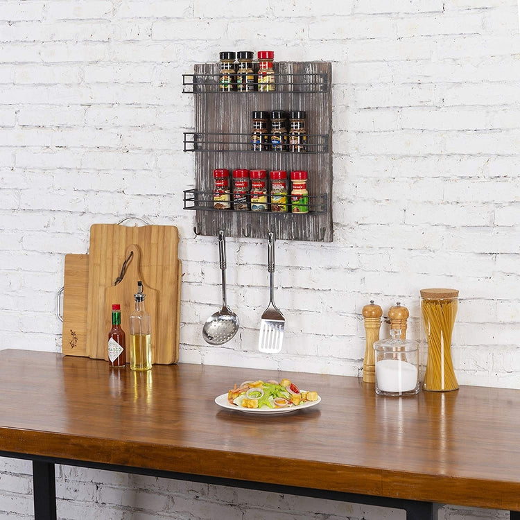 3-Tier Torched Wood and Black Metal Wire Shelves, Wall-Mounted Spice Rack with 6 Hooks-MyGift