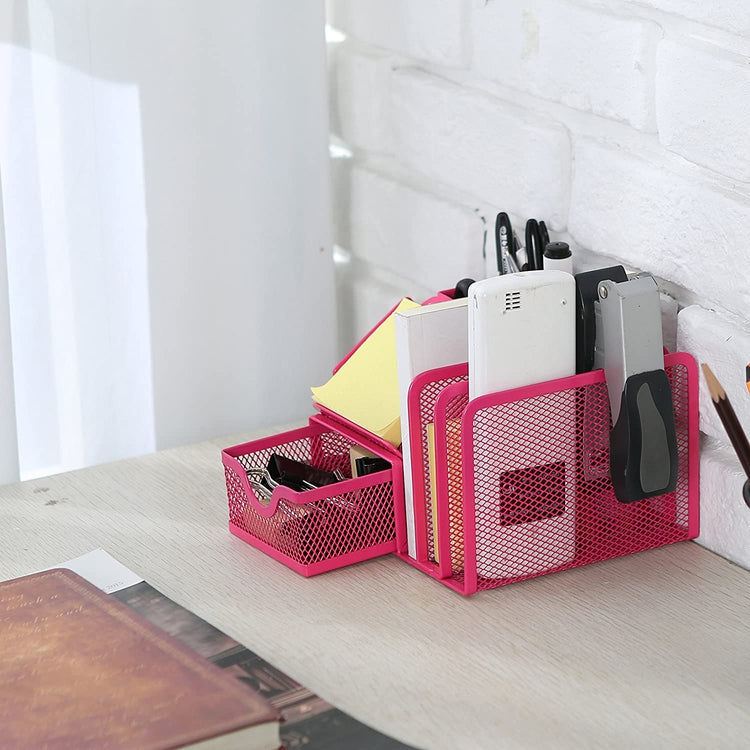 Magenta Metal Mesh Office Supply Storage Rack w/ Sticky Note Memo Pad Holder-MyGift