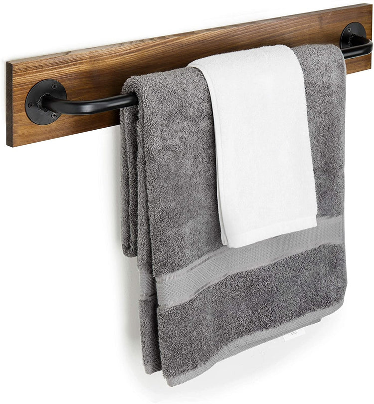 Rustic Wood and Industrial Black Metal Wall Mounted Towel Bar, Hanging Rod Unit For Holding Modular Storage Racks-MyGift