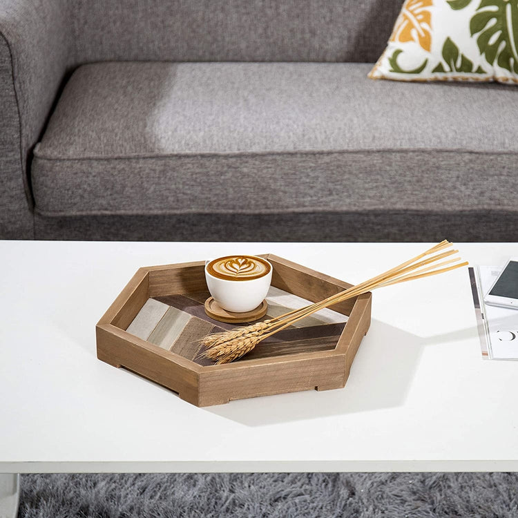12-inch Rustic Chevron Design Wood Serving Tray, Geometric Display Platter-MyGift