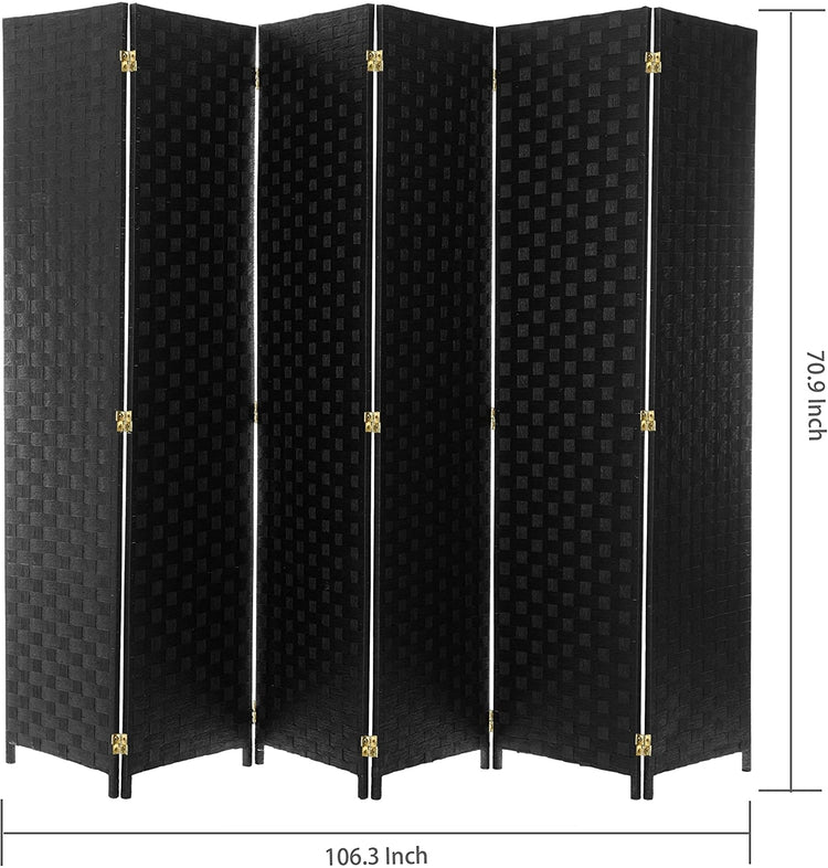 6-Foot Black Woven Paper Rattan 6-Panel Room Divider with Two-Way Hinges-MyGift