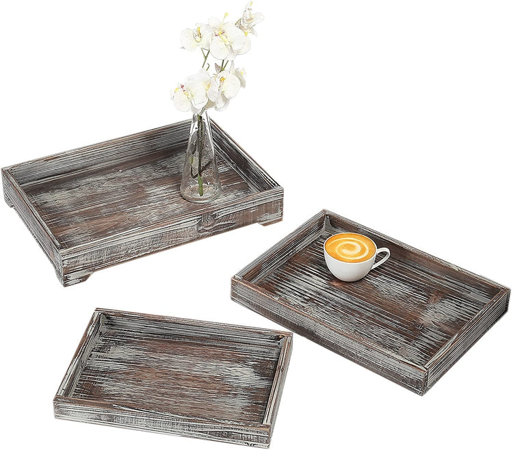 3 Piece Set Whitewash Brown Wood Nesting Serving Display Trays-MyGift