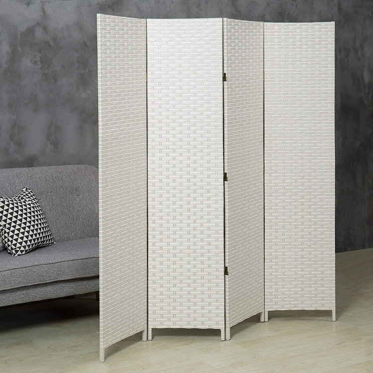 White Folding Wood Room Divider, Standing 4-Panel Woven Privacy Screen-MyGift