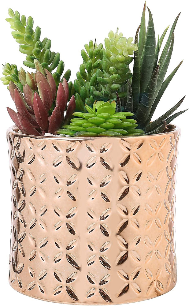 Metallic Rose Gold Ceramic Canister Planter Pot with Diamond Texture-MyGift