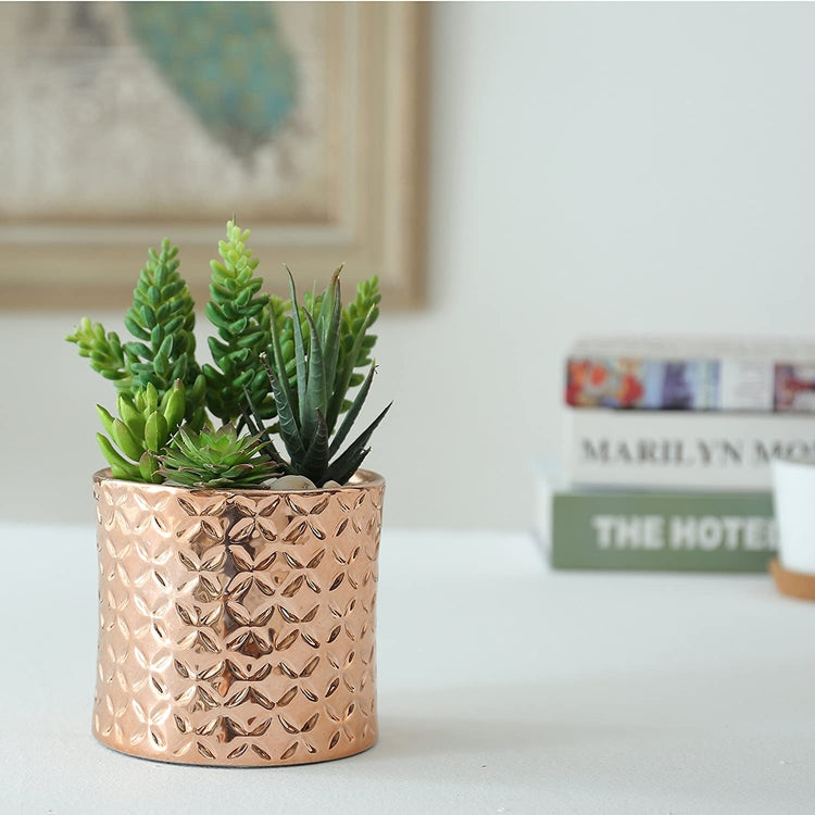 Metallic Rose Gold Ceramic Canister Planter Pot with Diamond Texture-MyGift