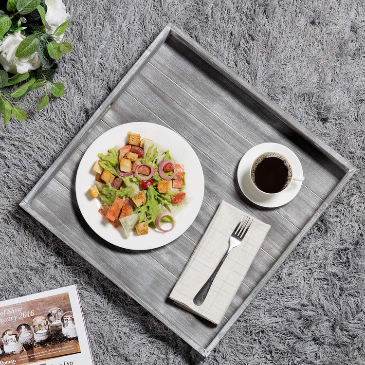 19-inch Large Square Whitewashed Gray Wood Ottoman Tray with Cutout Handles-MyGift