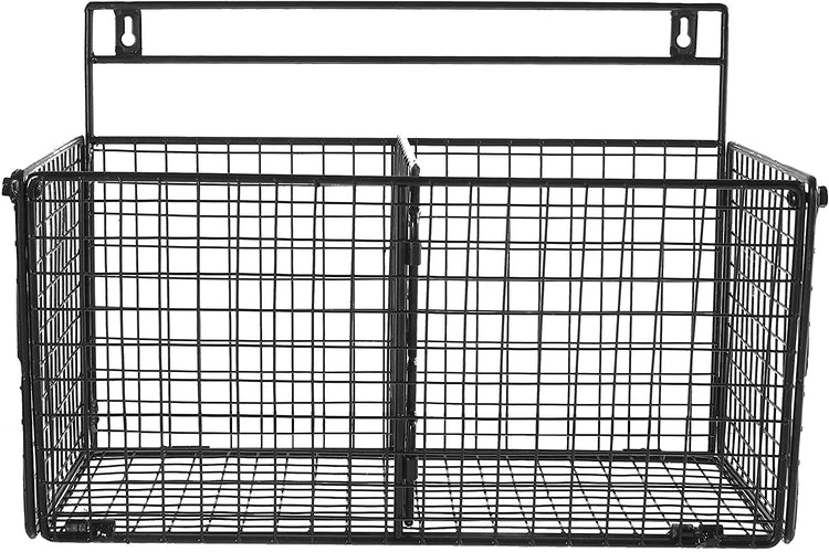 Black Wall Mounted Storage Rack, 2 Compartment Wire Organizer Basket-MyGift
