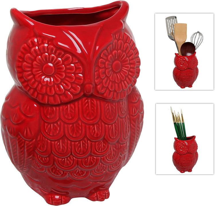 Red Owl Design Ceramic Cooking Utensil Holder, Multipurpose Kitchen Storage Crock-MyGift
