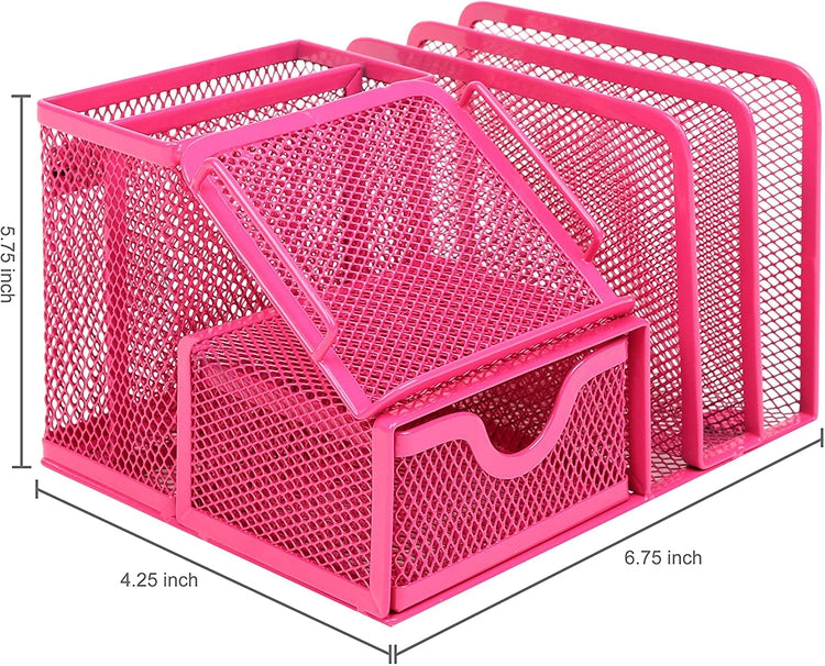 Magenta Metal Mesh Office Supply Storage Rack w/ Sticky Note Memo Pad Holder-MyGift