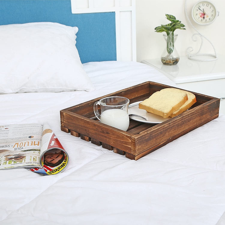 Country Rustic Wood Slat Breakfast Serving Tray, Rectangular Display Stand, Dark Brown-MyGift