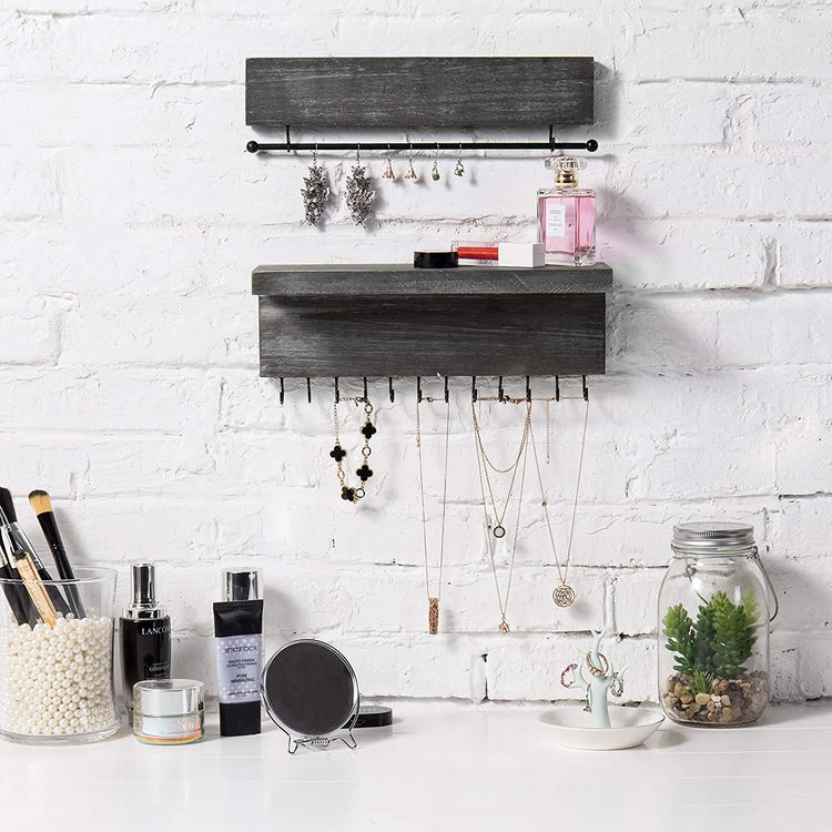 2-Piece Ash Gray Wood Jewelry Organizer with 12 Hooks, Wall Mounted Bracelet & Necklace Bar and Shelf-MyGift