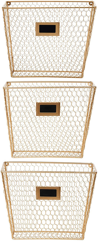 Set of 3 Gold-Tone Metal Wall-Mounted Chicken Wire Magazine & File Folder Baskets-MyGift