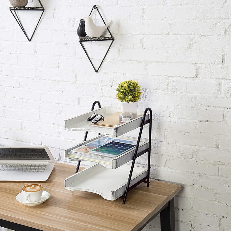Vintage White Wood Desktop Document Tray, 3-Tier Office File Folder Rack-MyGift