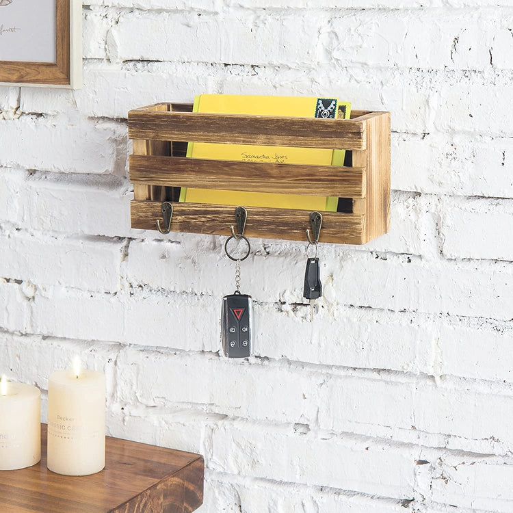 Rustic Brown Wood Pallet-Style Mail Sorter Rack w/ Key Hooks-MyGift