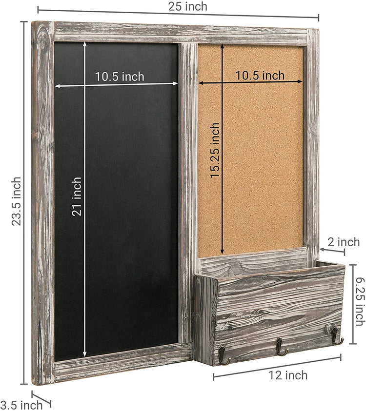 Torched Wood Chalkboard and Corkboard Wall Mounted Message Board with