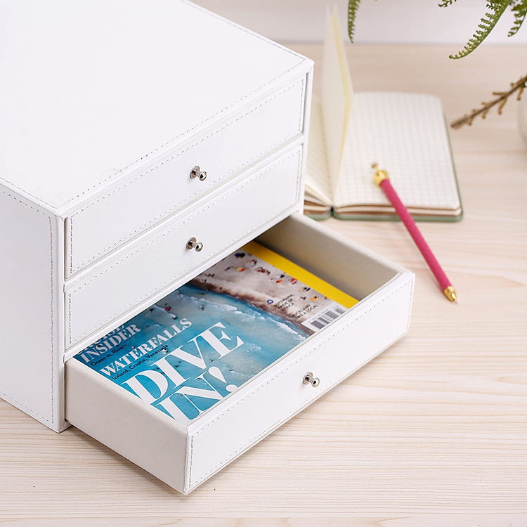 Executive 3-Drawer White Leatherette Office Filing Cabinet, Leatherette Jewelry Box-MyGift