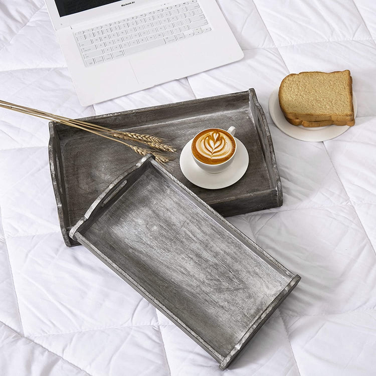 2 Pack of Distressed Country Wood Breakfast Serving Trays with Rustic Cutout Handles-MyGift
