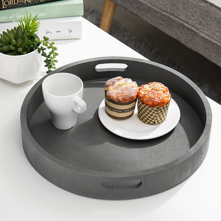 Set of 2, Round Nesting Charcoal Gray Wood Serving Trays-MyGift