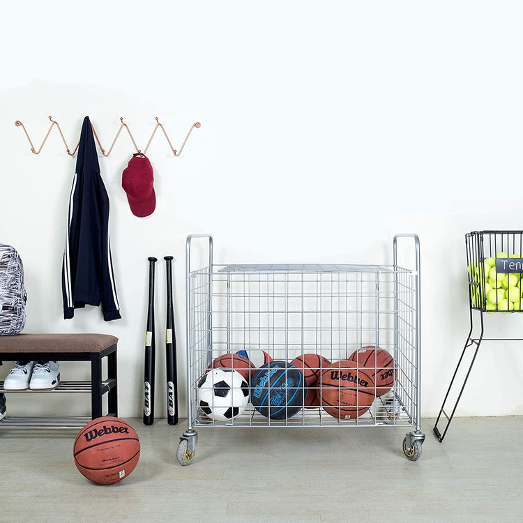 Metal Sports Ball Storage Bin with Wheels For Basketball Storage, Football Storage, Soccer Ball Storage-MyGift