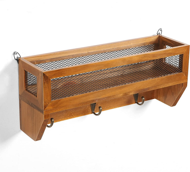 16-inch Rustic Wood & Wall Mounted Storage Mesh Basket Rack with 3 Metal Hooks-MyGift