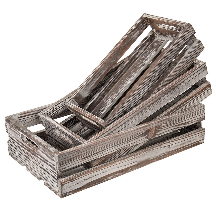 Set of 3, Nesting Torched Wood Storage Crates with Handles-MyGift