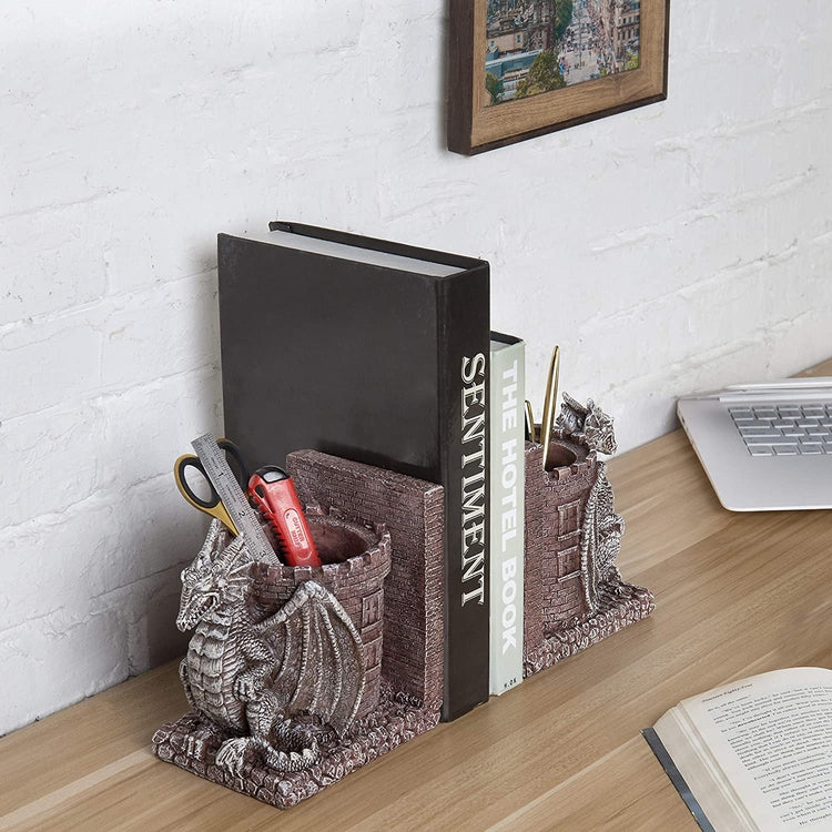 Dragon Guard Castle Decorative Resin Bookends, Stone Colored Pencil Holders-MyGift