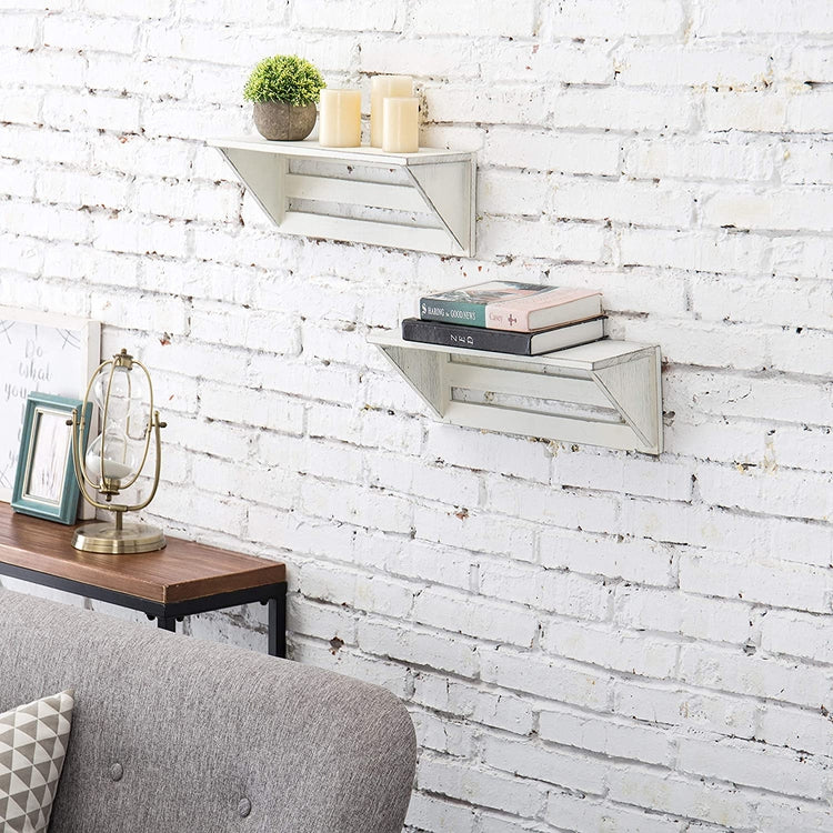 Set of 2 Vintage White Wood 17-Inch Wall-Mounted Shelves-MyGift