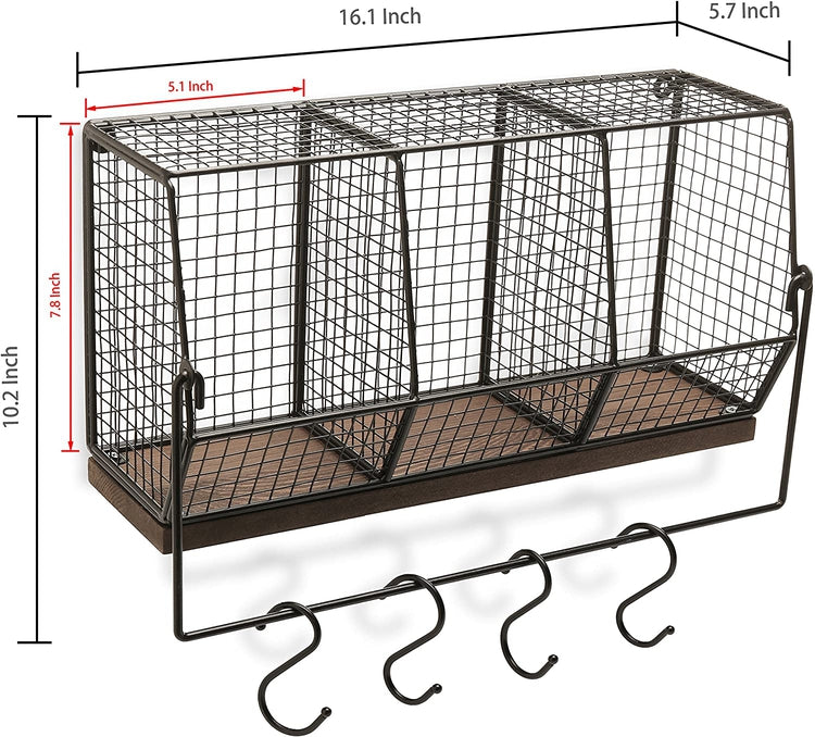Wall-Mounted Chicken Wire Kitchen Organizer Shelf Rack, Fruit Storage Basket with Towel Bar and 4 S-Hooks-MyGift